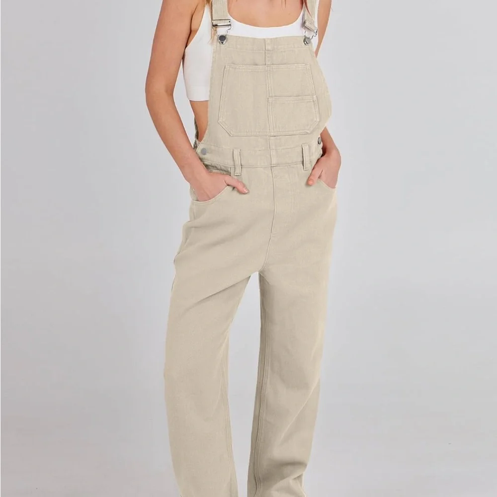 Loose Fit Beige Denim Overalls Jean Jumpsuit Bib Romper Women’s XL - Picture 2 of 14